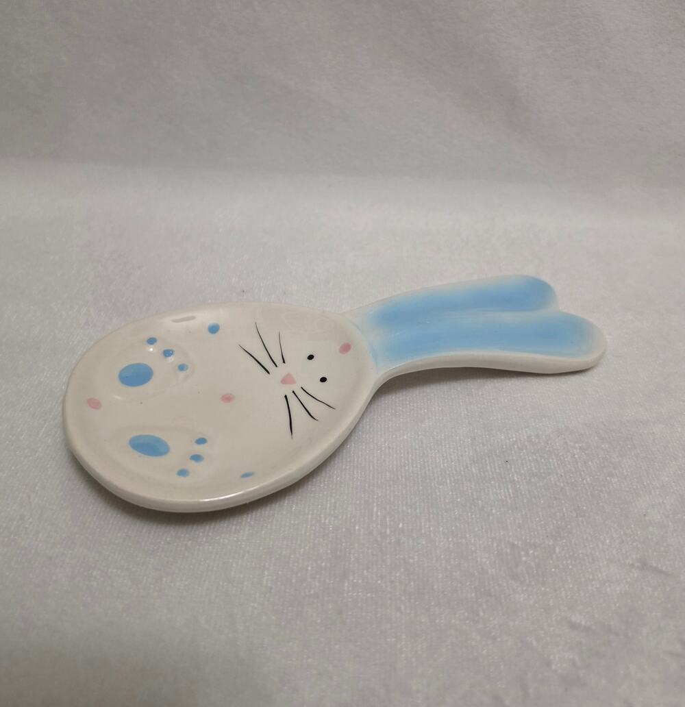 Vintage Hand Painted Ceramic Bunny Spoon Rest - Pastel Blue
